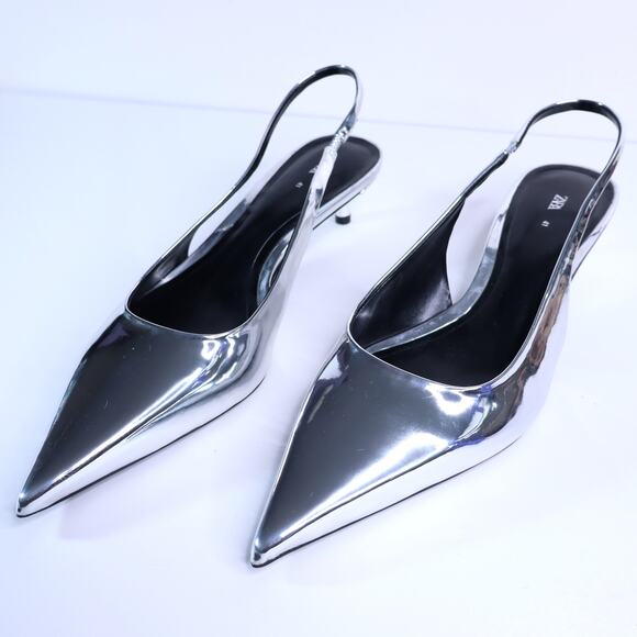 ZARA Chrome Slingback Kitten Heel Pointed Toe Silver Metallic Women's 41/US 10 - Picture 1 of 6
